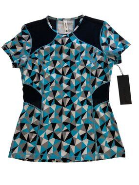 Printed Malia Geometric Tee With Mesh Panels In Turquoise & Black - Size S